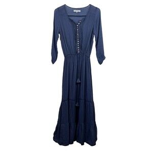 Paddo to Palmy Dress 2 Womens Blue Button Front 3/4 Sleeves Pockets Tie Midi